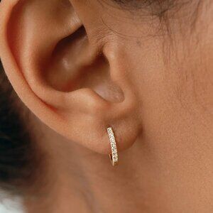 Gold Pavé Huggie Hoop Earrings 18K on 925 Sterling Silver CZ Everyday Jewelry